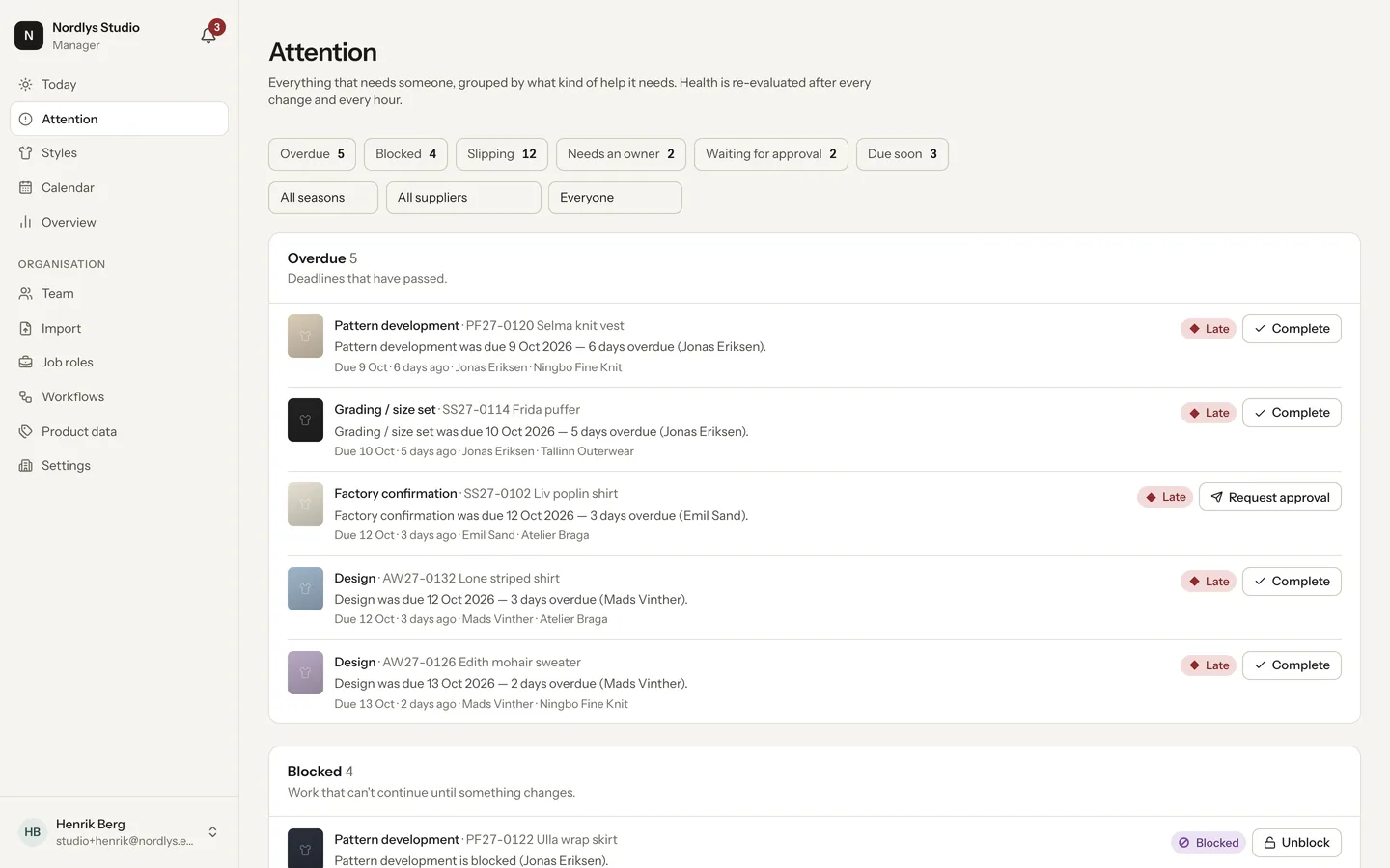 The attention center grouping overdue, blocked and slipping milestones across styles, each with an action button.