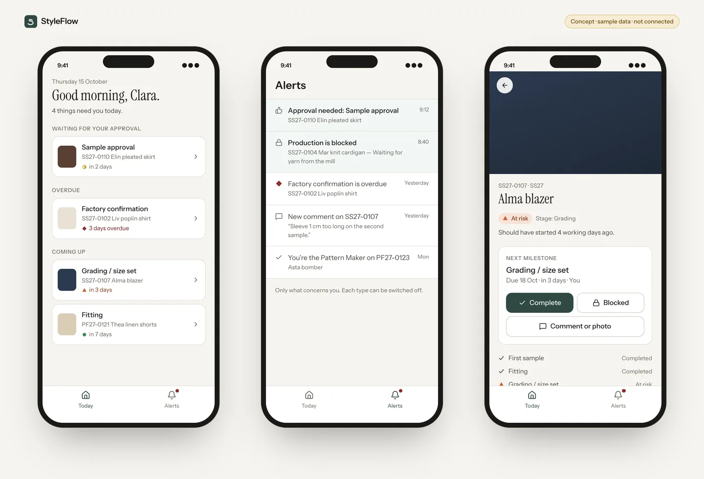 Concept of the mobile companion: a Today list, alerts, and a style quick view with complete and blocked actions.