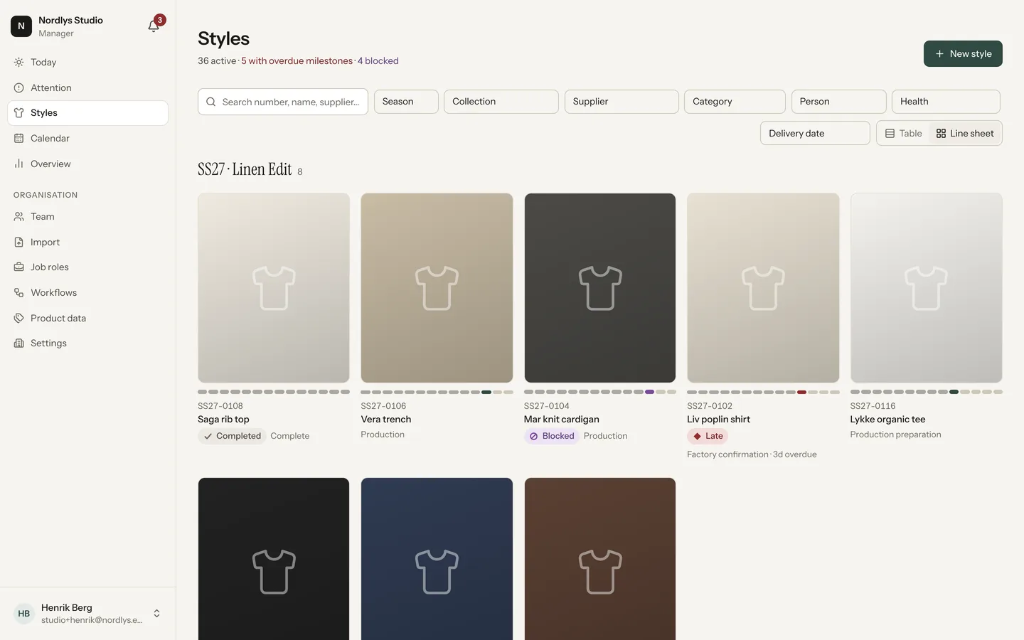 Styles shown as a line sheet grouped by season and collection, with milestone progress strips.